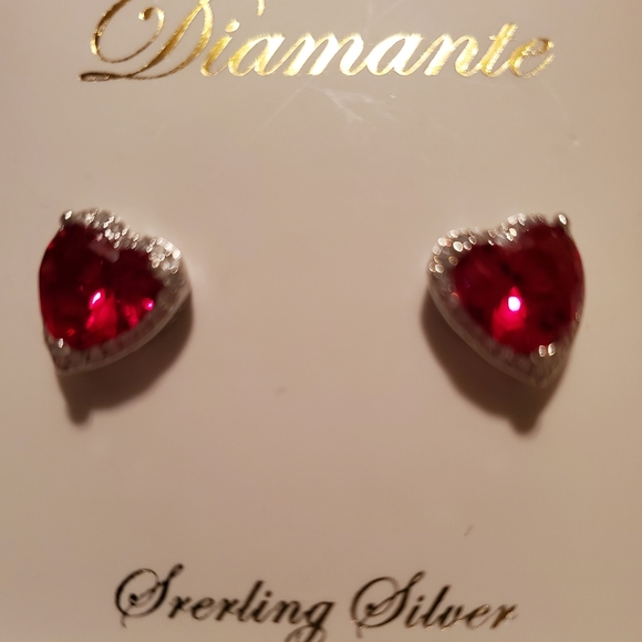 Sterling Silver Simulated Ruby Red Heart Earrings - Picture 1 of 3